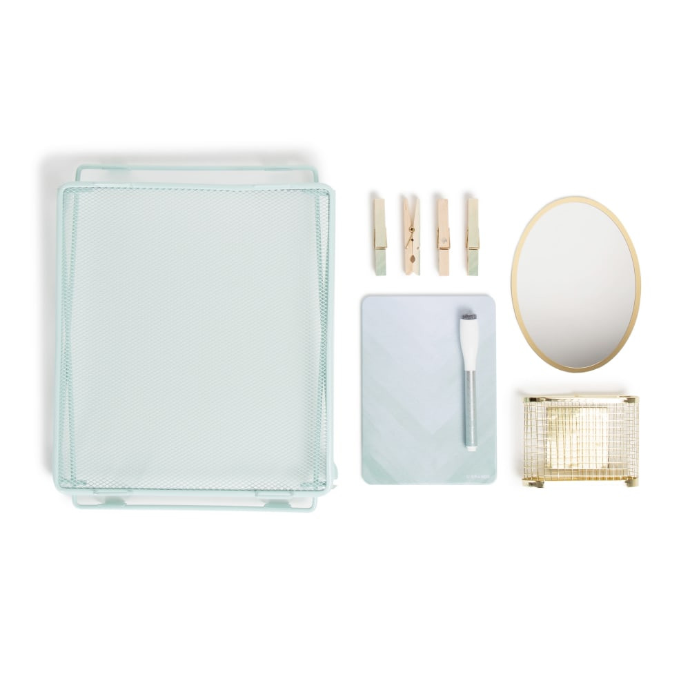 Keep your locker neat and organized throughout the school year with the U Brands 9-Piece Locker Kit. The dry-erase surface resists staining and ghosting for legible notes all year long.  Includes a locker shelf, a magnetic utility cup, a dry-erase board, a magnetic mirror, 4 magnetic clips and a black ink dry-erase marker.  Dry-erase surface resists staining and ghosting.  Dry-erase marker conforms to ASTM D4236.  Metal shelf is weight capacity tested to support 50 lb.