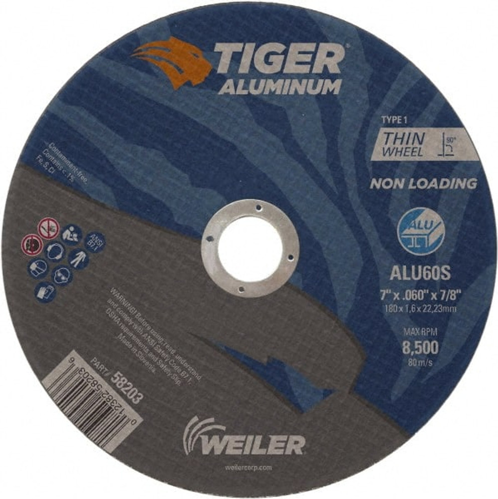 Weiler 58203 Cutoff Wheel: 7" Dia, 0.06" Thick, 7/8" Hole, Aluminum Oxide