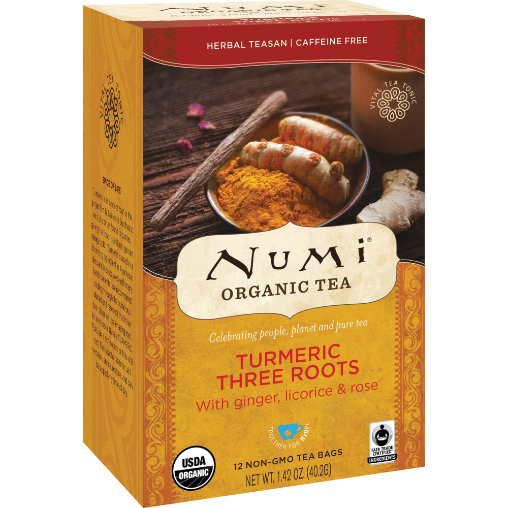 NUMI, INC. Numi 10550  Turmeric Organic Tea Licorice, Spicy Ginger, Turmeric, 1.4 Oz, Carton Of 12