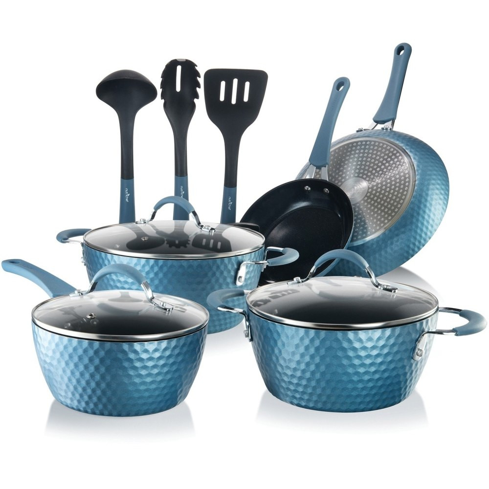 SOUND AROUND INC. NutriChef NCCW11BD  Diamond Home Kitchen Cookware Set (Blue) - 11 Pieces - Cooking, Frying, Sauce - 1.70 quart - 2nd Saucepan 3rd Saucepan - 8in Frying Pan - 11in 2nd Frying Pan - 3.60 quart Dutch Oven Griddle - Black, Blue