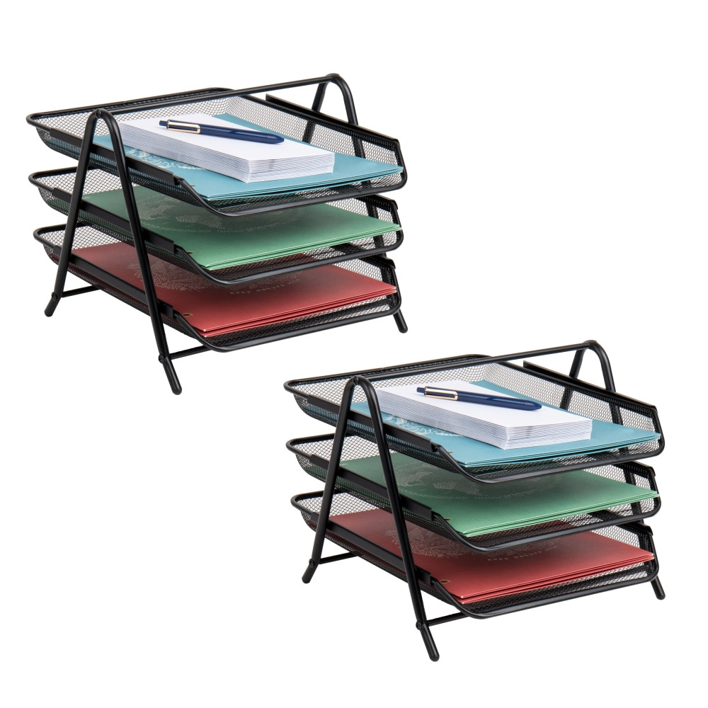 EMS MIND READER LLC 3TPAP2PK-BLK Mind Reader 3-Tier Paper Tray Desktop Organizer, File Storage, 10inH x 13-3/4inW x 11-1/2inL, Black, Set of 2 Trays