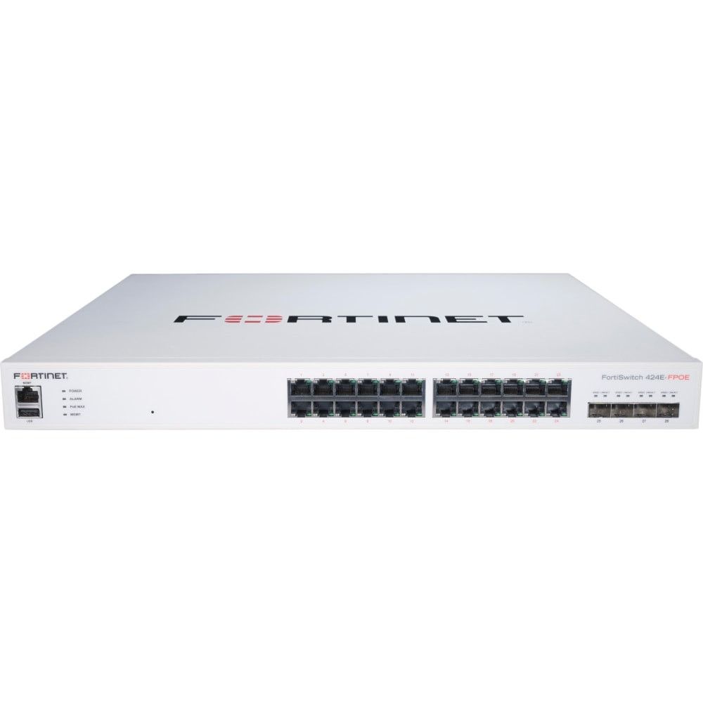 FORTINET, INC. Fortinet FS-424E-FPOE  FS-424E-FPOE Layer 3 Switch - 24 Ports - Manageable - Gigabit Ethernet, 10 Gigabit Ethernet - 10/100/1000Base-T, 10GBase-X - 3 Layer Supported - Modular - 433.70 W Power Consumption - Optical Fiber, Twisted Pair 