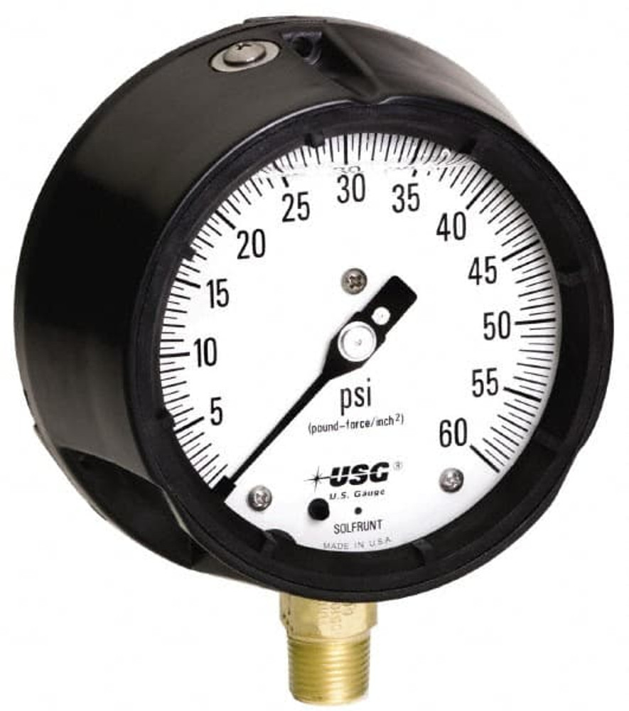 Ametek 170010 Pressure Gauge: 4-1/2" Dial, 1/2" Thread, Lower Mount