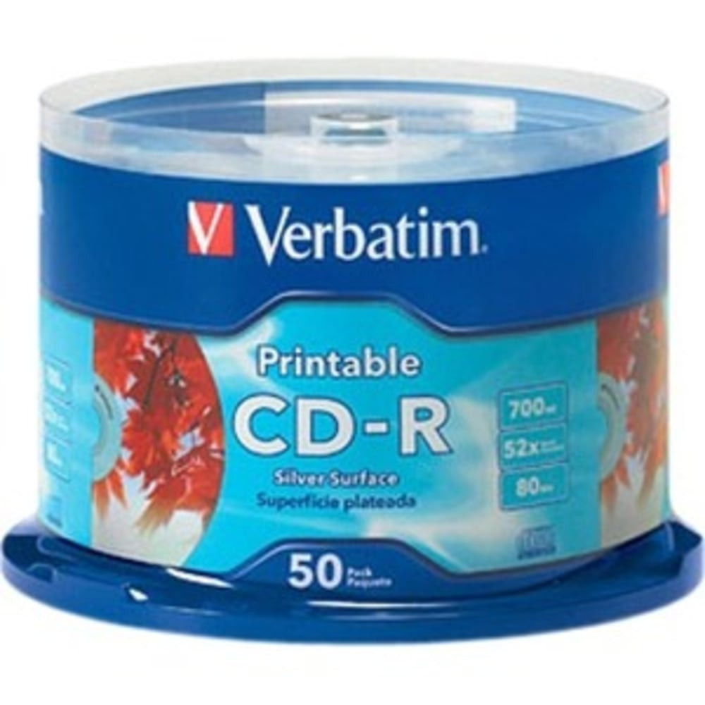 VERBATIM AMERICAS LLC 95005 Verbatim CD-R 700MB 52X Silver Inkjet Printable - 50pk Spindle - 50 Pack