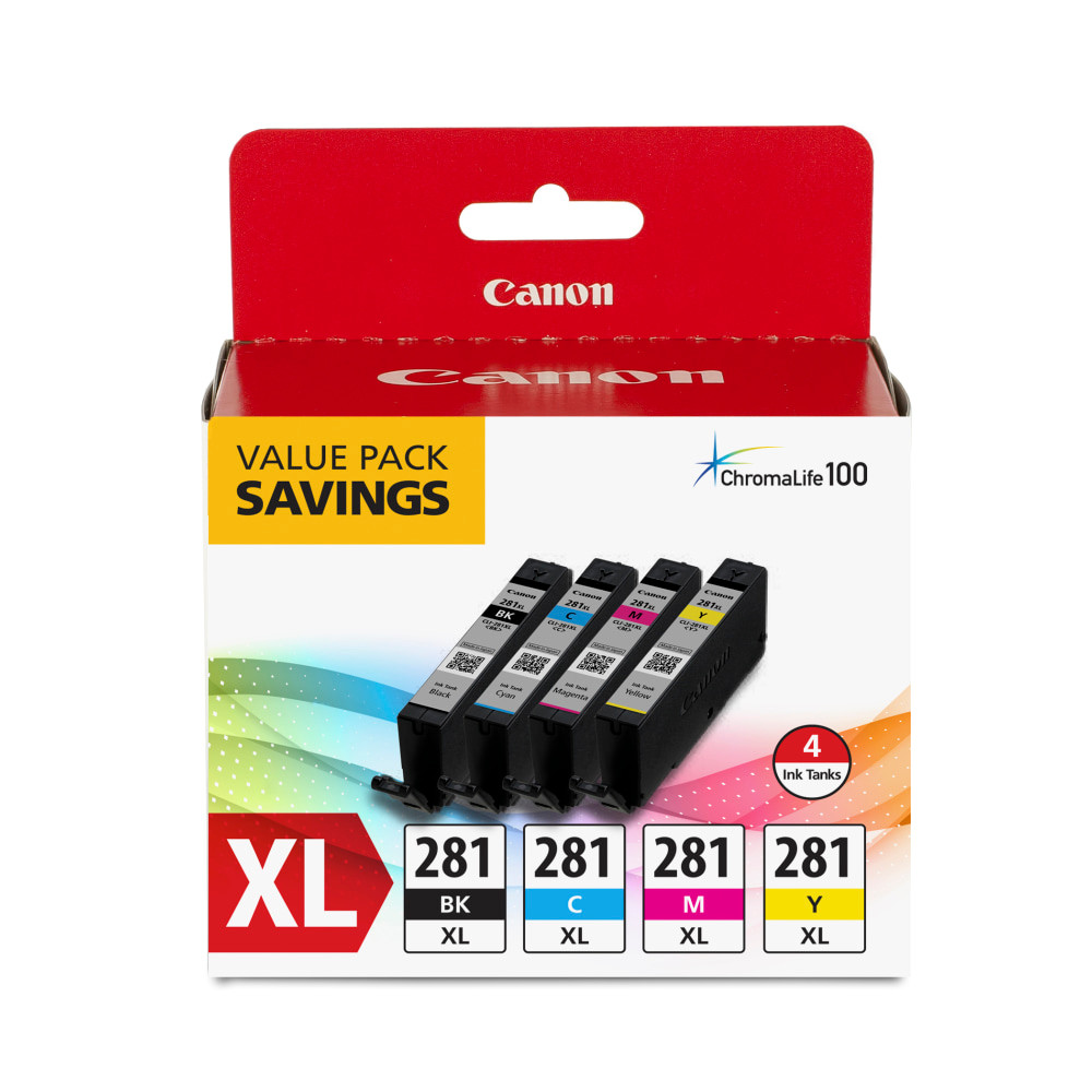 CANON USA, INC. Canon 2037C005  CLI-281XL ChromaLife 100+ Black; Cyan; Magenta; Yellow High-Yield Ink Tanks, Pack Of 4, 2091C005