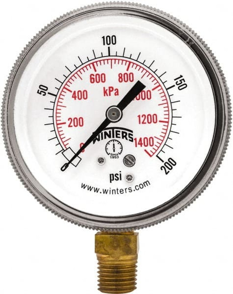 Winters P9S90216 Pressure Gauge: 2-1/2" Dial, 1/4" Thread, NPT, Bottom Mount