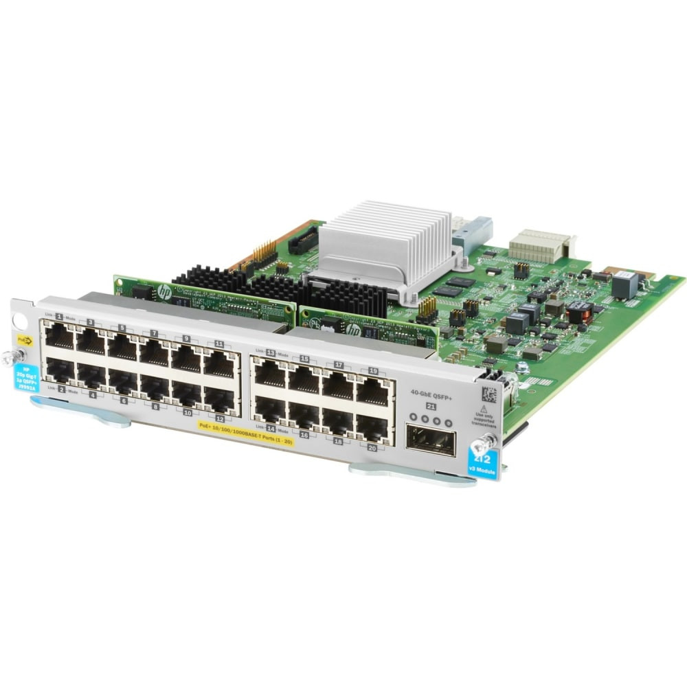 HP INC. HPE J9992A  20-port 10/100/1000BASE-T PoE+ MACsec / 1-port 40GbE QSFP+ v3 zl2 Module - For Data Networking, Optical Network - 20 RJ-45 1000Base-T LAN - Twisted Pair, Optical FiberGigabit Ethernet, 40 Gigabit Ethernet