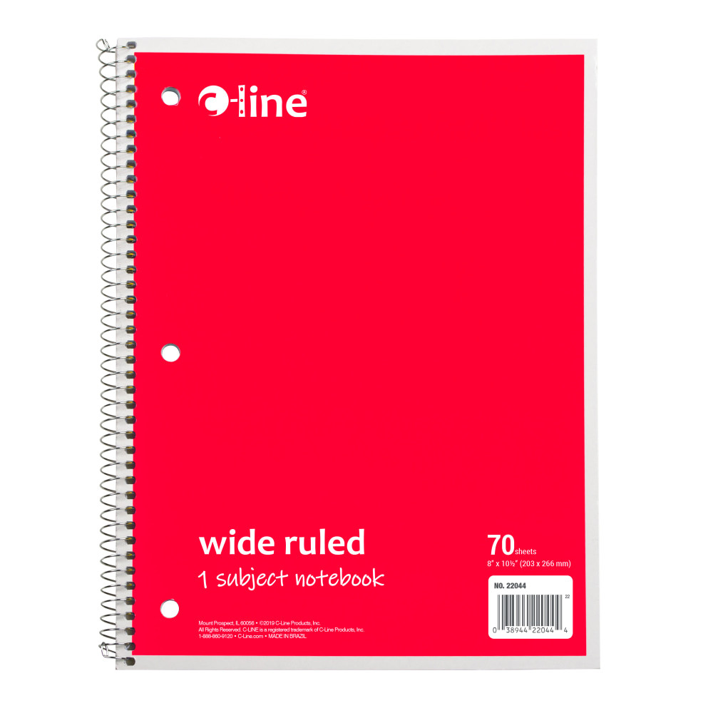 C-LINE PRODUCTS, INC. 22044-CT C-Line Wide Rule Spiral Notebooks, 8in x 10-1/2in, 1 Subject, 70 Sheets, Red, Case Of 24 Notebooks