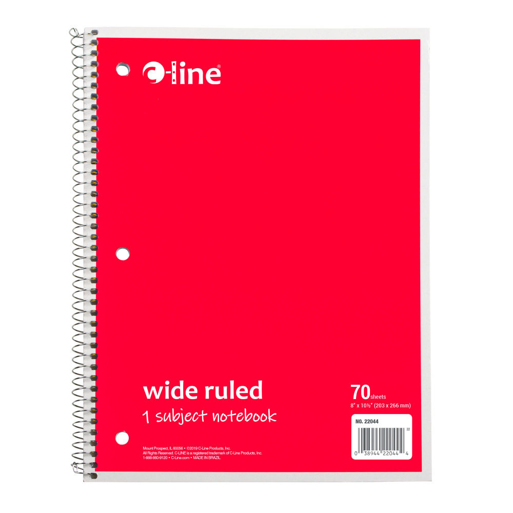 C-LINE PRODUCTS, INC. C-Line 22044-CT  Wide Rule Spiral Notebooks, 8in x 10-1/2in, 1 Subject, 70 Sheets, Red, Case Of 24 Notebooks
