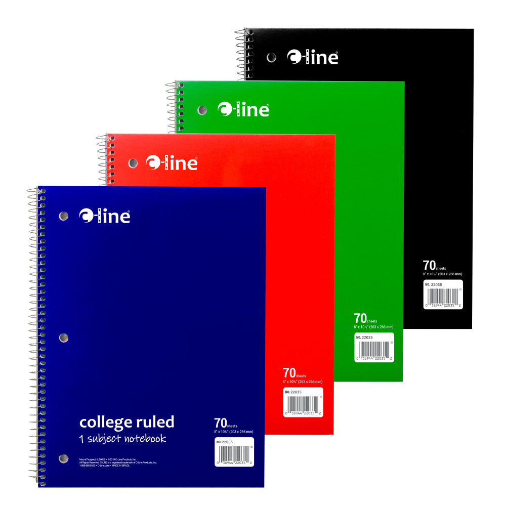 C-LINE PRODUCTS, INC. C-Line 22035-CT  College Rule Spiral Notebooks, 8in x 10-1/2in, 70 Sheets, Assorted Colors, Pack Of 24 Notebooks