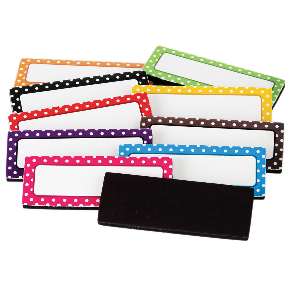 These multi-purpose, magnetic labels have a write-on/wipe-off face with a stylish border. They are perfect for all types of classroom labeling projects.  Sticks to virtually any metal surface, such as dry-erase boards and cabinets.  Each pack includes 30 labels in 10 colors. Sold as 2 packs for 60 labels total.