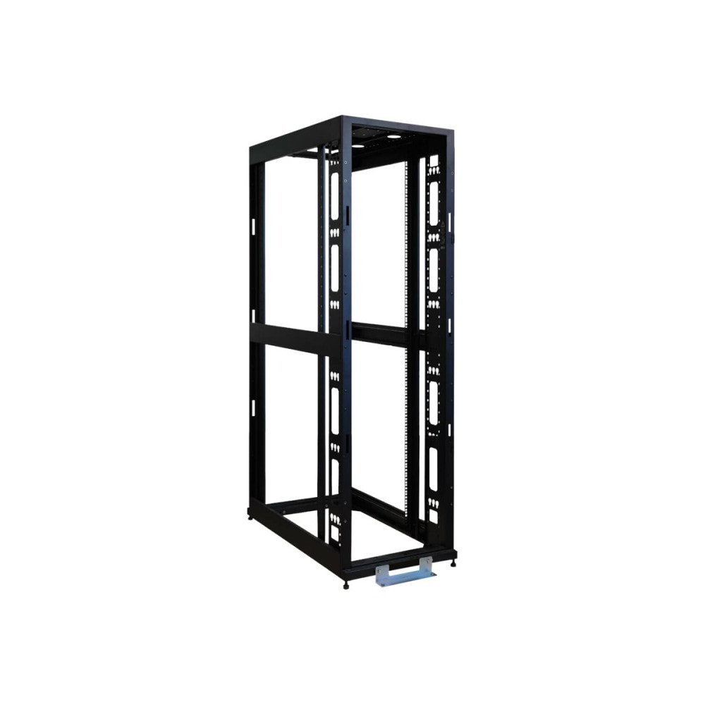 The SR48UBEXPND is 48U SmartRack enclosure with no doors and no side panels. The 'EXP' version is an expansion model used when several cabinets are bayed together. Its integrated baying tabs make it easy to combine multiple enclosures in rows for data center applications. This enclosure is also compatible with hot-aisle/cold-aisle configurations. The SR48UBEXPND houses 3000 lb of standard 19-inch rack equipment in 48U. Its front and rear pairs of vertical rails have square mounting holes that are adjustable in quarter-inch increments from 4 to 37 inches. Adjustment is quick and an easy-view depth index ensures consistent rail placement without requiring time-consuming measurements. Each rack space within the enclosure is numbered for ready reference. Two of the adjustable vertical mounting rails support toolless button-mount 0U installation of up to four compatible PDUs and cable managers. This feature makes it easier to route cabling to rack equipment and reduces cord clutter. All components of the SR48UBEXPND are grounded to the enclosure frame. Front and rear threaded grounding points are provided for connection to the facility earth ground. To simplify deployment, the SR48UBEXPND comes with preinstalled casters that enable it to be easily maneuvered into the desired location, where it can be secured by adjusting the preinstalled levelers. Note: the casters are intended for minor position adjustments and are not designed for moving the enclosure over long distances.
