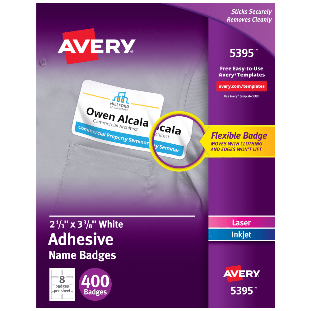 AVERY PRODUCTS CORPORATION 5395 Avery Flexible Name Badge Labels, 5395, 2 1/3in x 3 3/8in, White, Box Of 400
