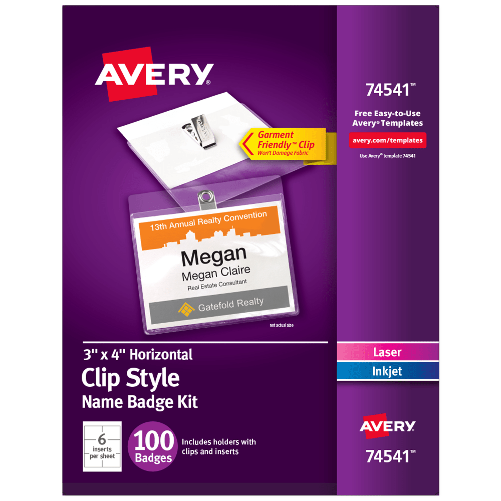 Creating high-quality, professional name tags is simple and stress-free with Avery name badge clips. Packs of name badges come with top-loading clear badge holders that each feature a garment-friendly clip that holds firmly without damaging fabric and swivels for easy attachment. The durable, soft plastic holders are reusable, and the pocket-style design makes loading inserts quick and easy. Effortlessly create quality custom name tags with company names, personal titles, logos, and more using templates and designs available at Avery Design & Print Online. Try it out on the Avery website today, and print with your laser or inkjet printer. The premium-quality white cardstock inserts feature ultra-fine perforations to eliminate rough edges for a high-quality, professional look. Self-adhesive, garment-safe clips are included for easy attachment to the back of your name badge holder. Ideal for permanent or temporary identification, these customizable name badges are perfect for staff ID badges, business meeting badges, networking event tags, photo ID cards, conference name tags, kids ID cards, and more. This name badge kit comes with everything needed to make name badges, including printable inserts and horizontal badge holders with clips.  Personalized name tag inserts stay secure in the soft, clear badge holders designed to provide flexibility and easy readability.  Keep name tag holders in place all day with the included self-adhesive, garment-friendly clips that wonT damage fabric.  Durable PVC plastic ensures name tag holders can be reused again and again, withstanding frequent use.  Quickly create custom name badges with personal titles, company names, logos, and more using our Avery online design software and available Avery templates.  Name tag holders with clips are great as staff ID card holders, nurse name badge clips, visitor pass holders, name tags for meetings, trade show badges, and more.  Complete kit includes name badge inserts and clear badge holders with clips.