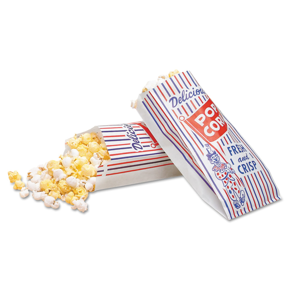 Gear up for your next fair or carnival with these popcorn bags. The pinch-bottom bags enable easy filling and serving to guests, while the striped design lends a classic look.  Made of paper for simple use.  Offers a classic look to serving popcorn at your next event.  Pinch-bottom design for simple filling and serving.  Includes 1,000 popcorn bags.