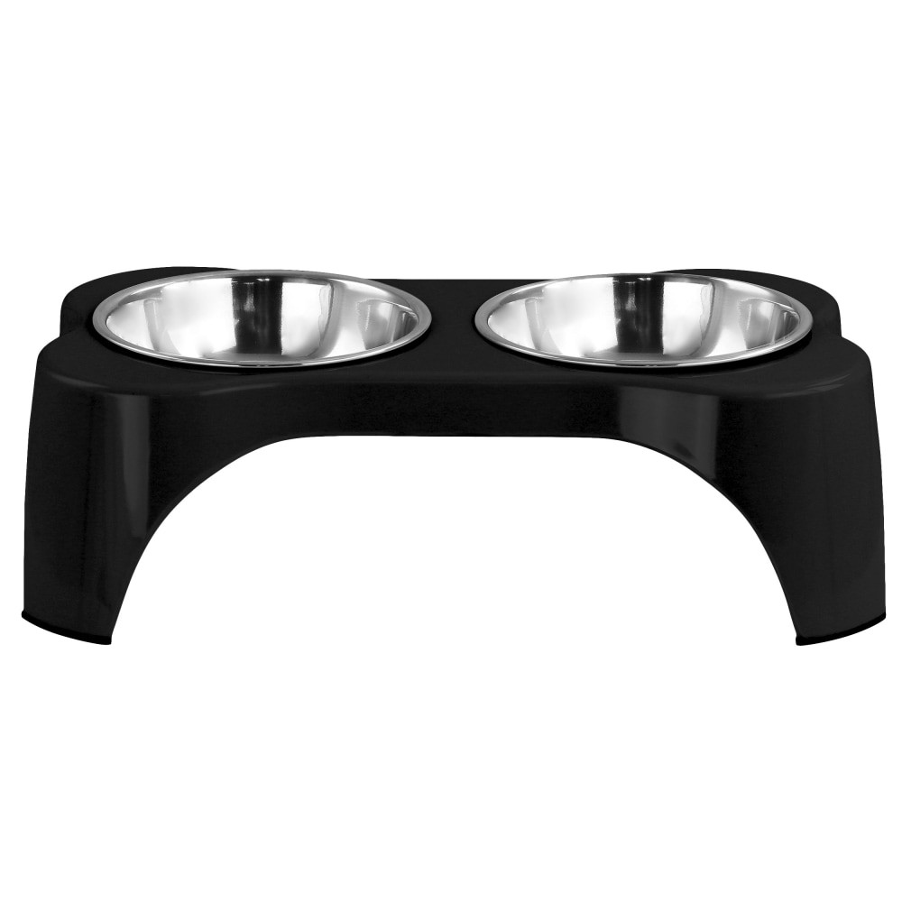 Keep your pet fed easily with the Gibson Home Bow Wow Meow 3-Piece Elevated Pet Bowl Dinner Set. With a durable stainless steel and melamine construction and removable bowls, its easy to refill this pet bowl dinner set.  Durable stainless steel and melamine construction.  Removable bowls for easy refill.  Non-slip grip base.  Bone-shaped design.  Dishwasher safe.  Set includes: 1 water bowl, 1 food bowl, 1 base stand.