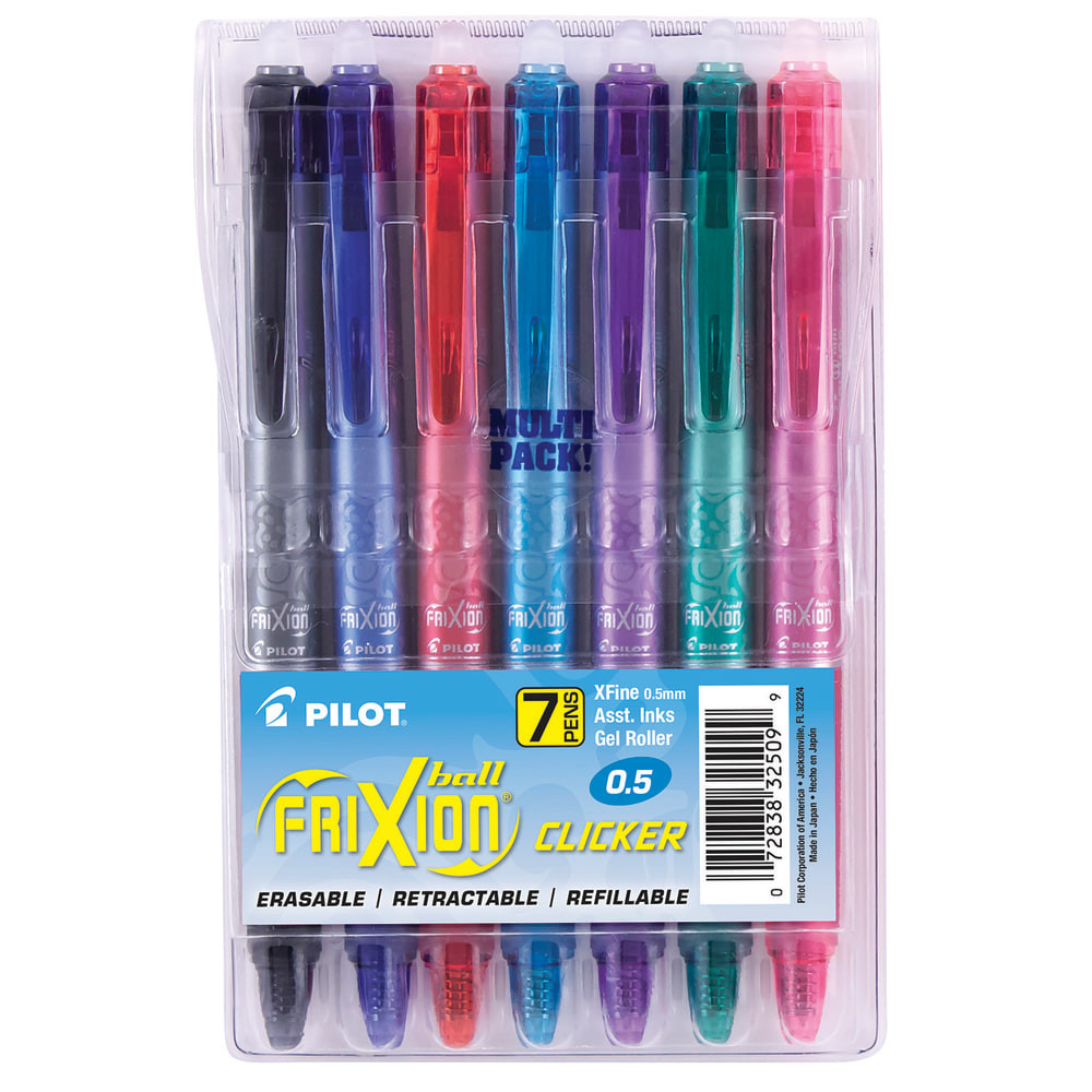 Write smoothly and erase cleanly without smudges or marks thanks to FriXion Clicker Pens. Both the eraser and the tip retract easily, protecting them as well as the bags, purses and pockets used to carry them. Enjoy the quality you expect from Pilot pens.  Eraser retracts easily by pressing down on the clip.  Combines the convenience of a retractable pen with the incredible FriXion ink.  Refillable for continued use.  These extra-fine-point erasable gel pens come in assorted colors.  ACMI Certified AP Nontoxic. For detailed information see www.acmiart.org.  Less harsh chemicals - made with fewer harsh chemicals, or safer chemicals than typical alternatives, helping  reduce your use of and exposure to substances that may be more harmful to your health and the environment.  Refillable - designed to be used repeatedly, helping you avoid single-use disposables and potentially save money.