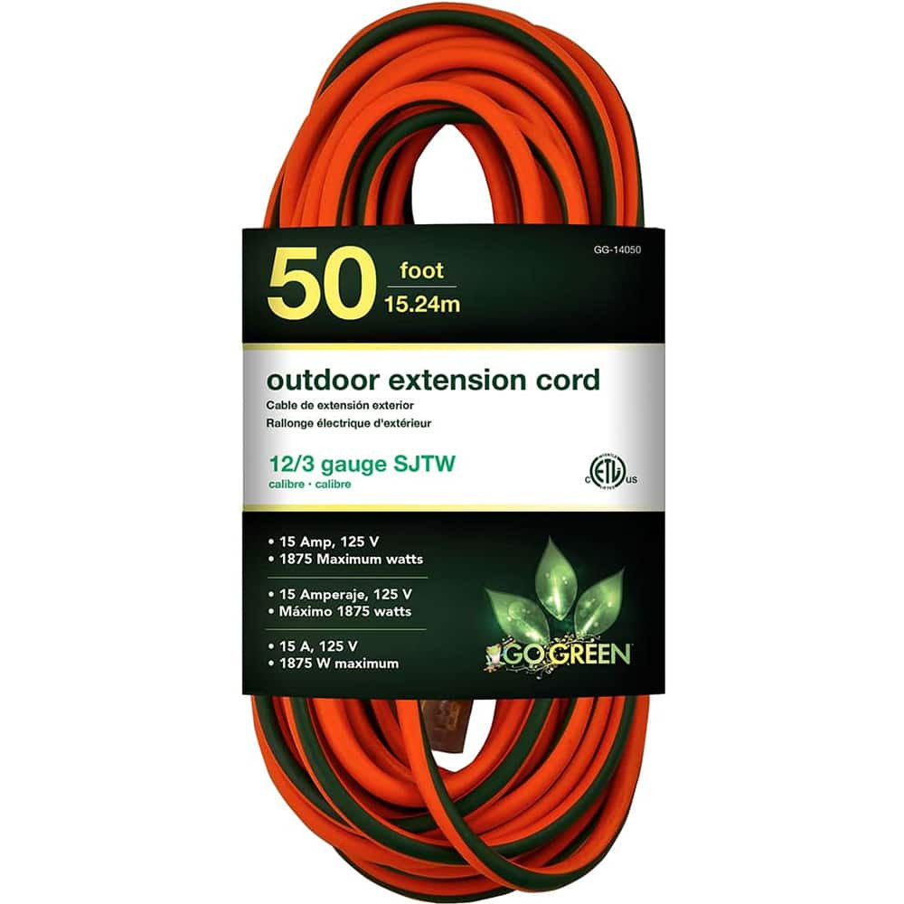 GoGreen Power GG-14050 Power Cords; Cord Type: Extension Cord ; Overall Length (Feet): 50 ; Cord Color: Orange ; Amperage: 15 ; Voltage: 125 ; Wire Gauge: 12