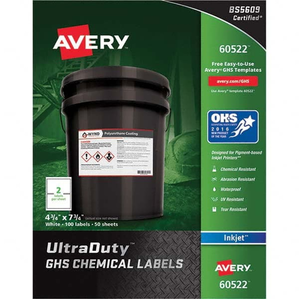 AVERY 60522 Label Maker Label: White, Synthetic Film, 7-3/4" OAL, 100 per Roll