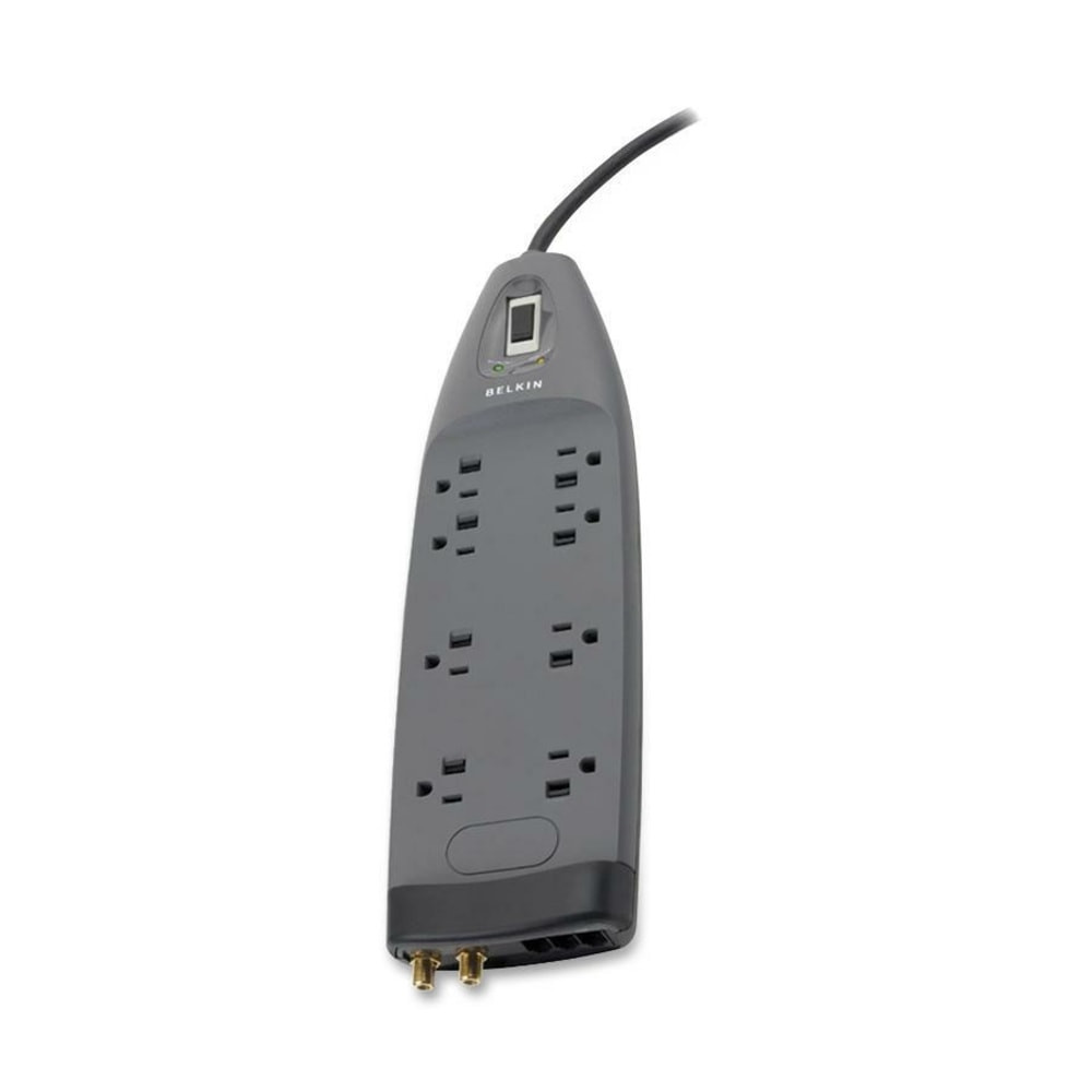 BELKIN, INC. BE108230-06 Belkin 8 Outlet Surge Protector with 6ft Power Cord for Home, Office, Travel, Computer Desktop - Black - 3550 Joules - Gray - Right Angle - 8 x AC Power - 1875 VA - 3390 J - 125 V AC Input - Cable Modem/DSL/Fax/Phone, Coaxial