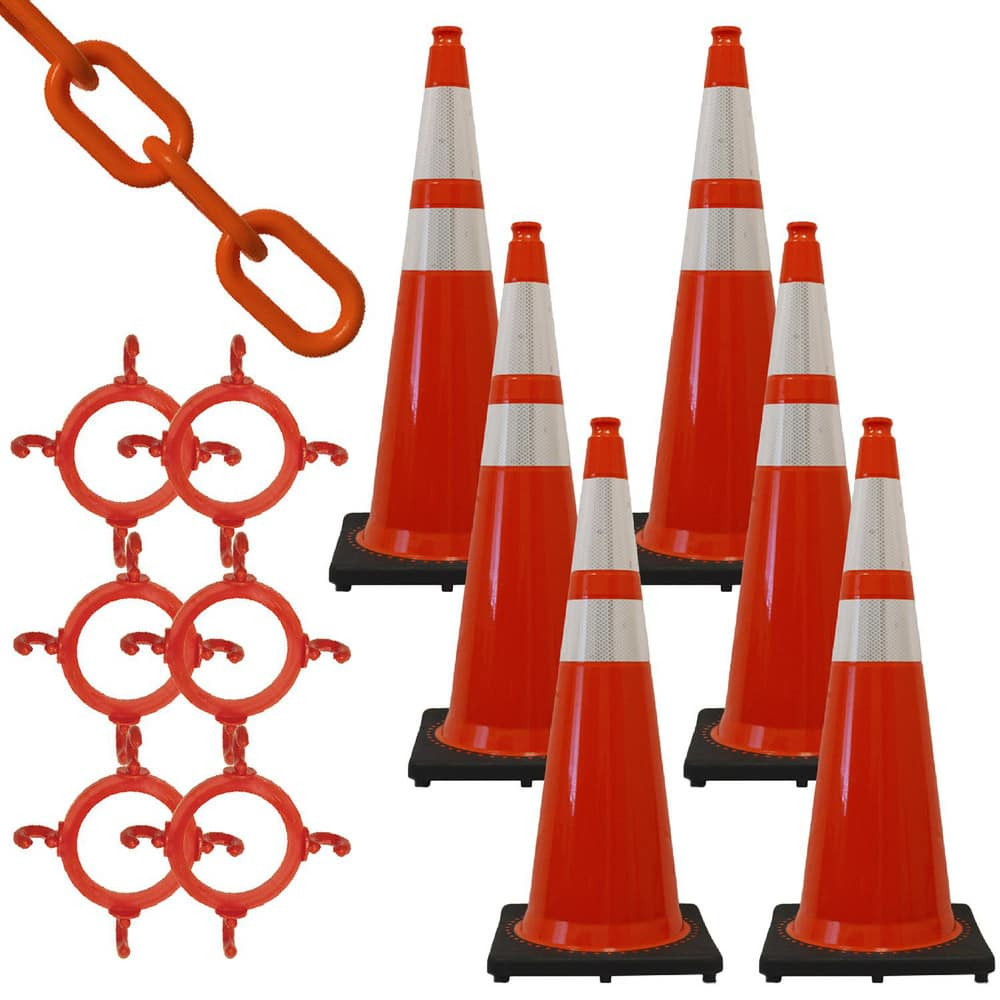 Mr. Chain 97280-6 Traffic Cone with Reflective Collar & Chain Kit: Plastic, Traffic Orange, 50' Long, 2" Wide