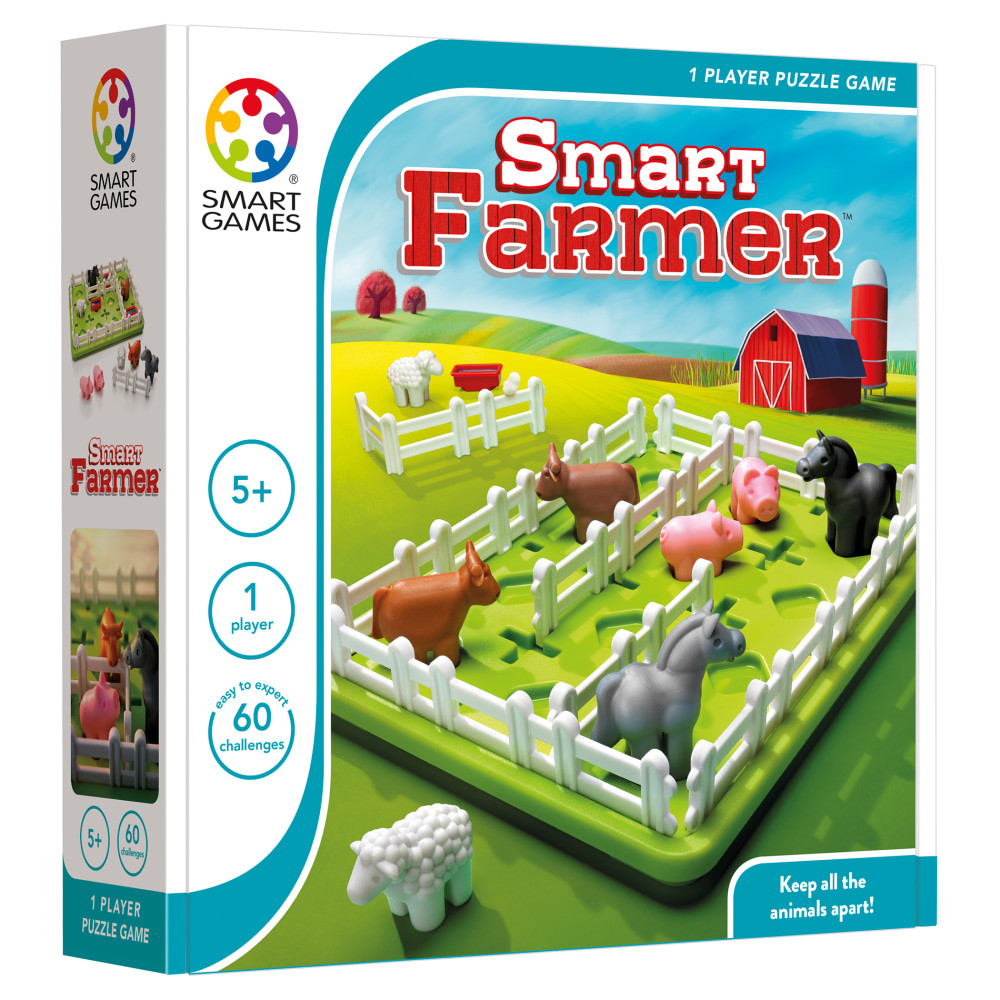 Help your kids learn while they play with this SmartGames Smart Farmer Game. This game features 60 challenges using farm animals that help them learn various problem solving and concentration skills while having fun.  Helps students build upon their spatial insight, planning, problem solving, concentration and flexible thinking.  Offers multi-level play from easy to challenging for players of all ages.  Features 60 challenges with horses, pigs, cows and sheep.