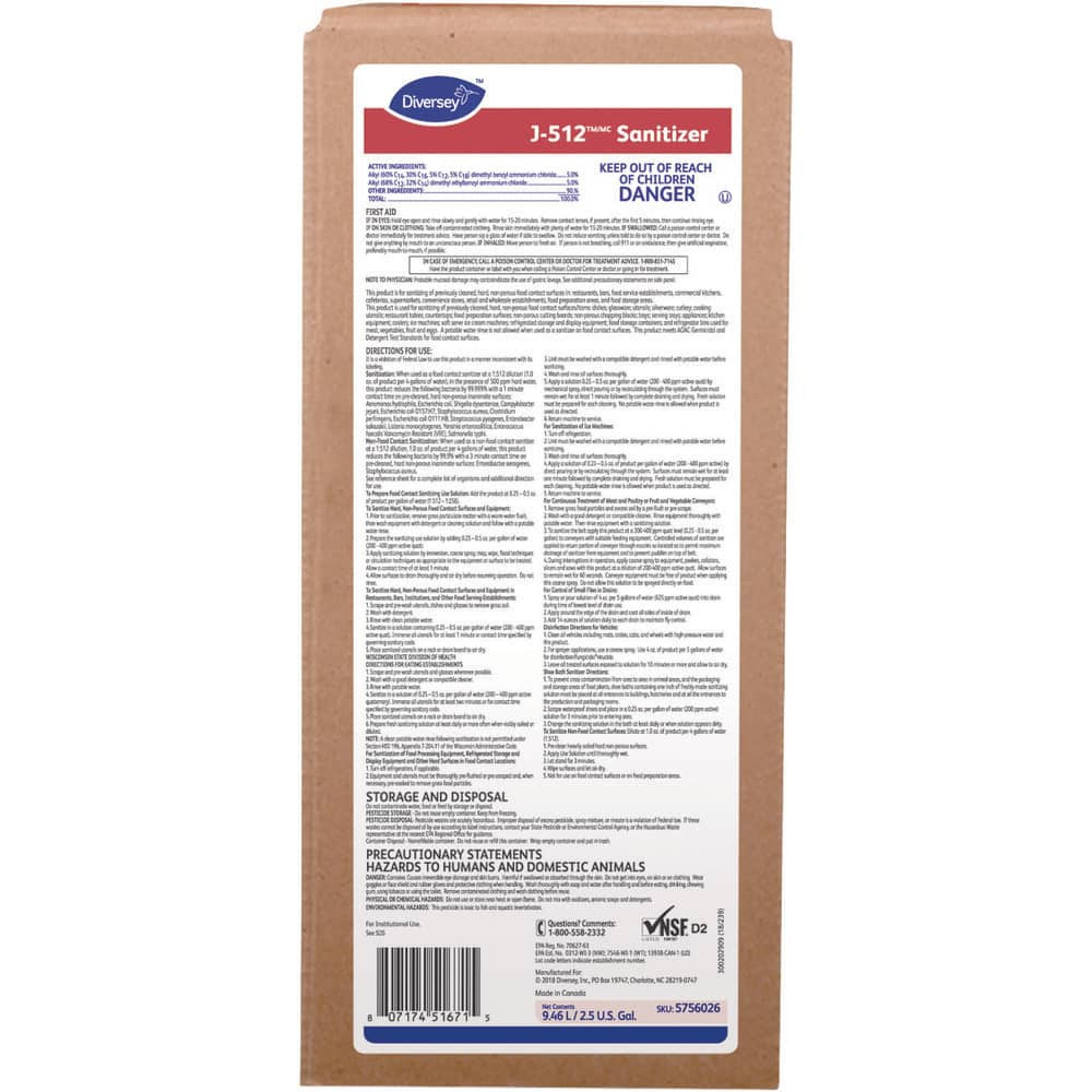 Diversey DVS5756026 All-Purpose Cleaners & Degreasers; Product Type: Sanitizer ; Form: Liquid ; Container Type: Hanging Bag ; Container Size: 2.5 gal ; Scent: Typical Quaternary ; Application: For Commercial Sinks; Dairies; Restaurants; Bars & Instit