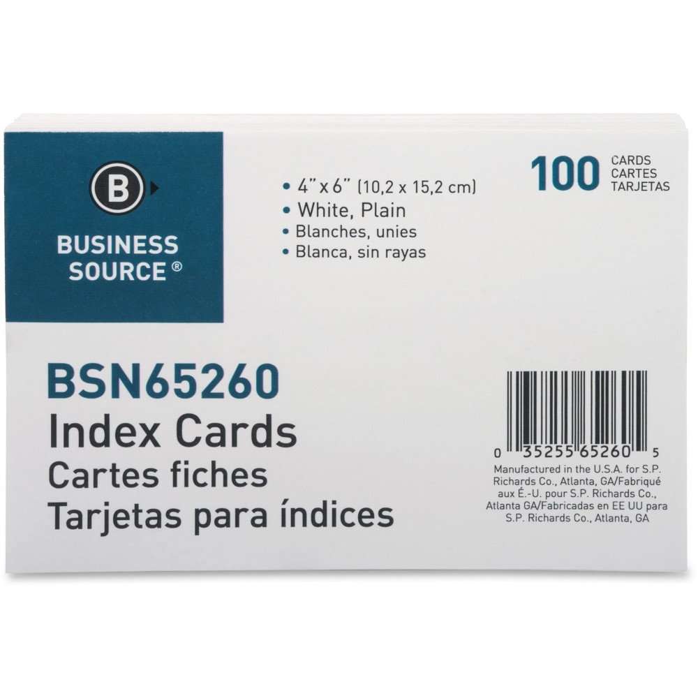 SP RICHARDS 65260 Business Source Plain Index Cards - 6in Width x 4in Length - 100 / Pack