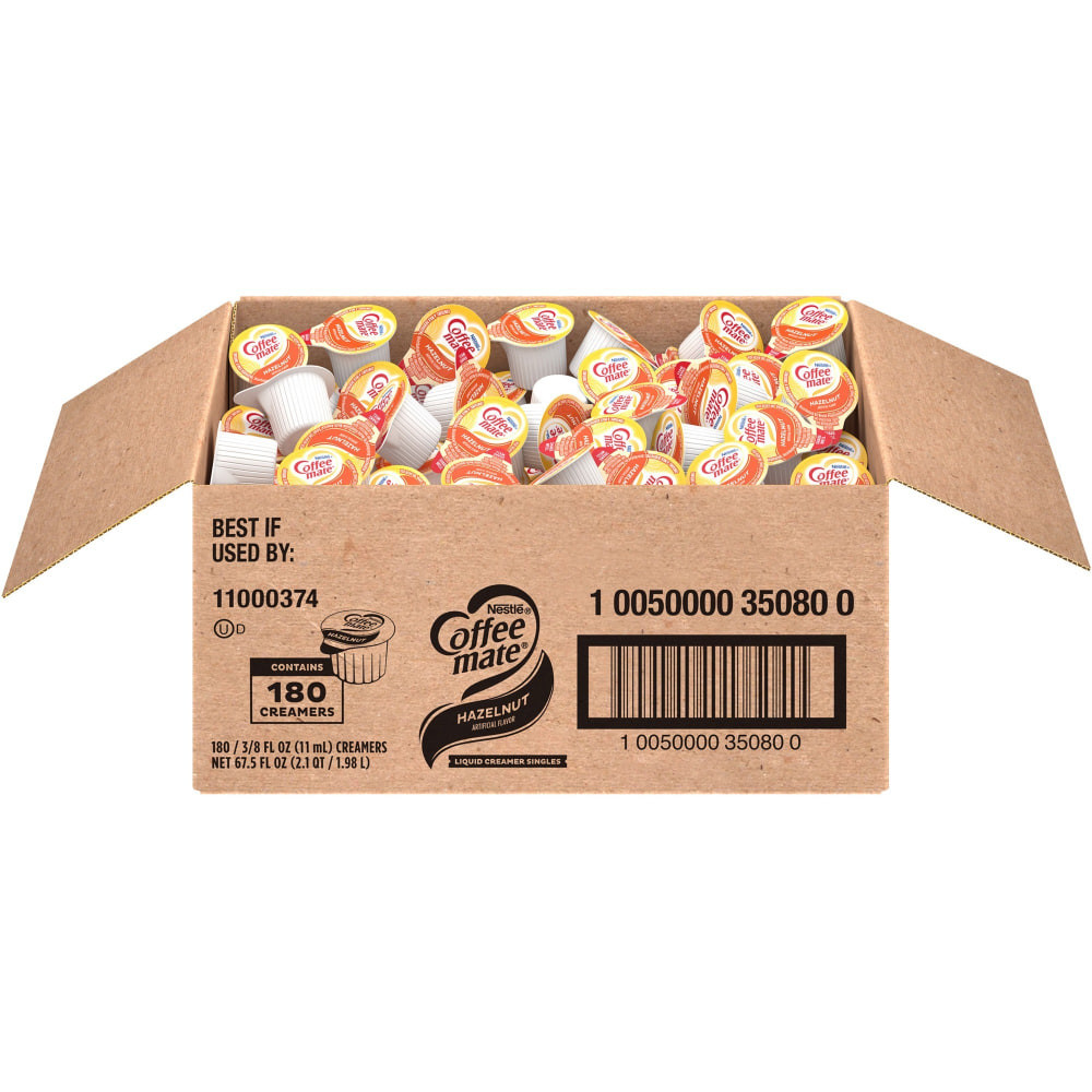 Add a splash of excitement to any cup with these convenient Coffee-mate single serve creamers. Ideal for office breakrooms, hotel rooms, buffet breakfasts or for simply packing in your purse to personalize your takeout coffees, these little jiggers are packed with flavor.  Deliciously rich, velvety smooth classic with bright vanilla notes  Nondairy liquid in convenient, single-serve packets great for home or to-go  Use in the office and foodservice establishments for a simple, coffee creamer solution  Lactose-free, cholesterol-free, gluten-free and kosher dairy  No refrigeration necessary  Go nuts for Hazelnut flavor creamer, a rich addition to your morning coffee.  Carton of 180 single serve tubs.