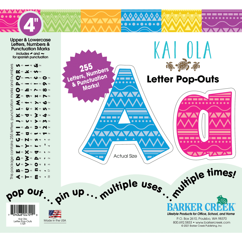 Barker Creek Letter Pop-Outs add a splash of color and creativity to the classroom. They are perfect for decorating bulletin boards, displays and posters.  Includes a well-researched assortment of letters, numbers and punctuation marks. Also includes Spanish punctuation marks.  Recommended for students of all ages.