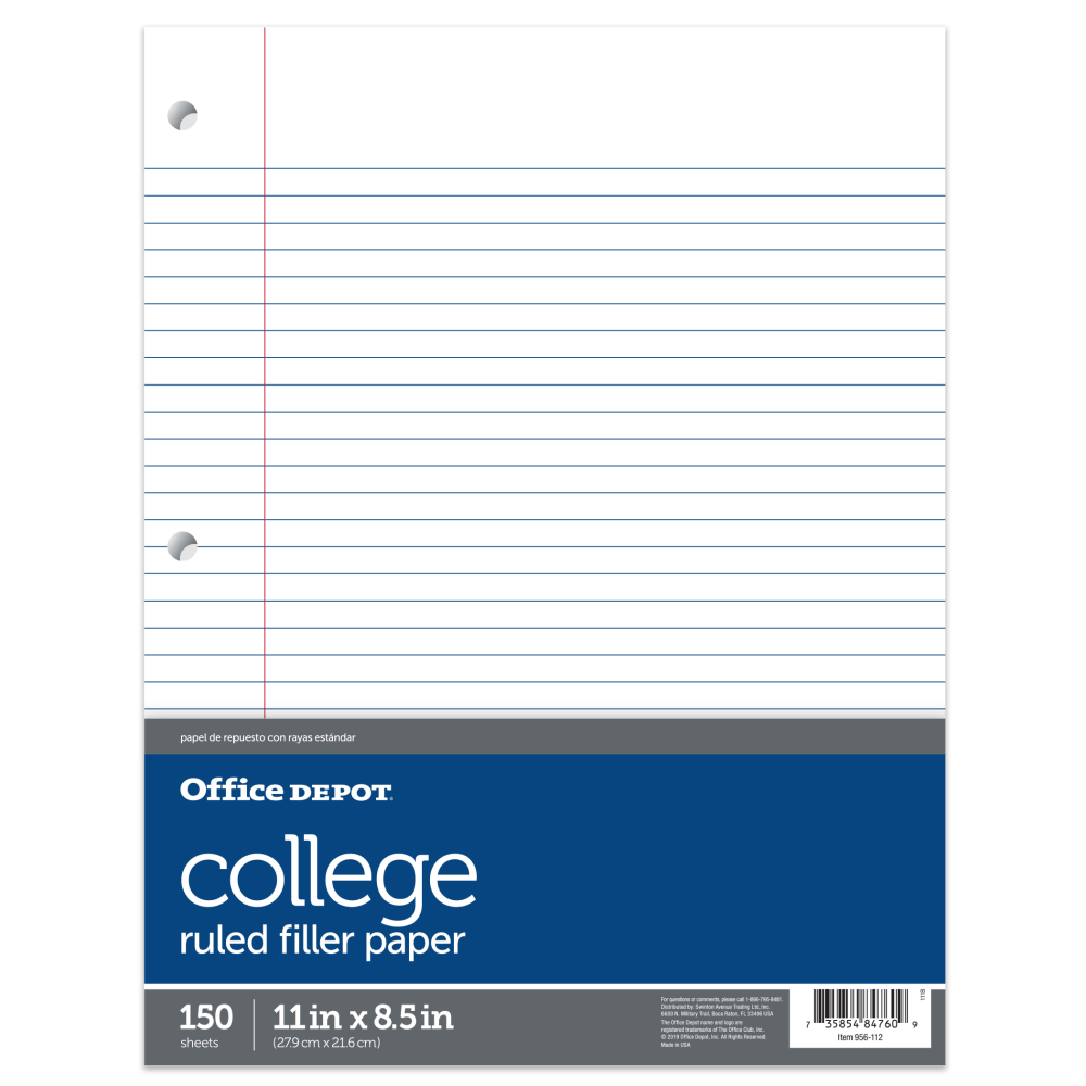 3-hole-punched Office Depot notebook filler paper fits most standard binders. Take notes and keep them organized with this lined paper.  16-lb paper weight is ideal for everyday use.  Ruled for neater notes.  Comes in a convenient moisture-resistant poly wrap.  Notebook paper with college-ruled lines.  White filler paper comes in a pack of 150 sheets.