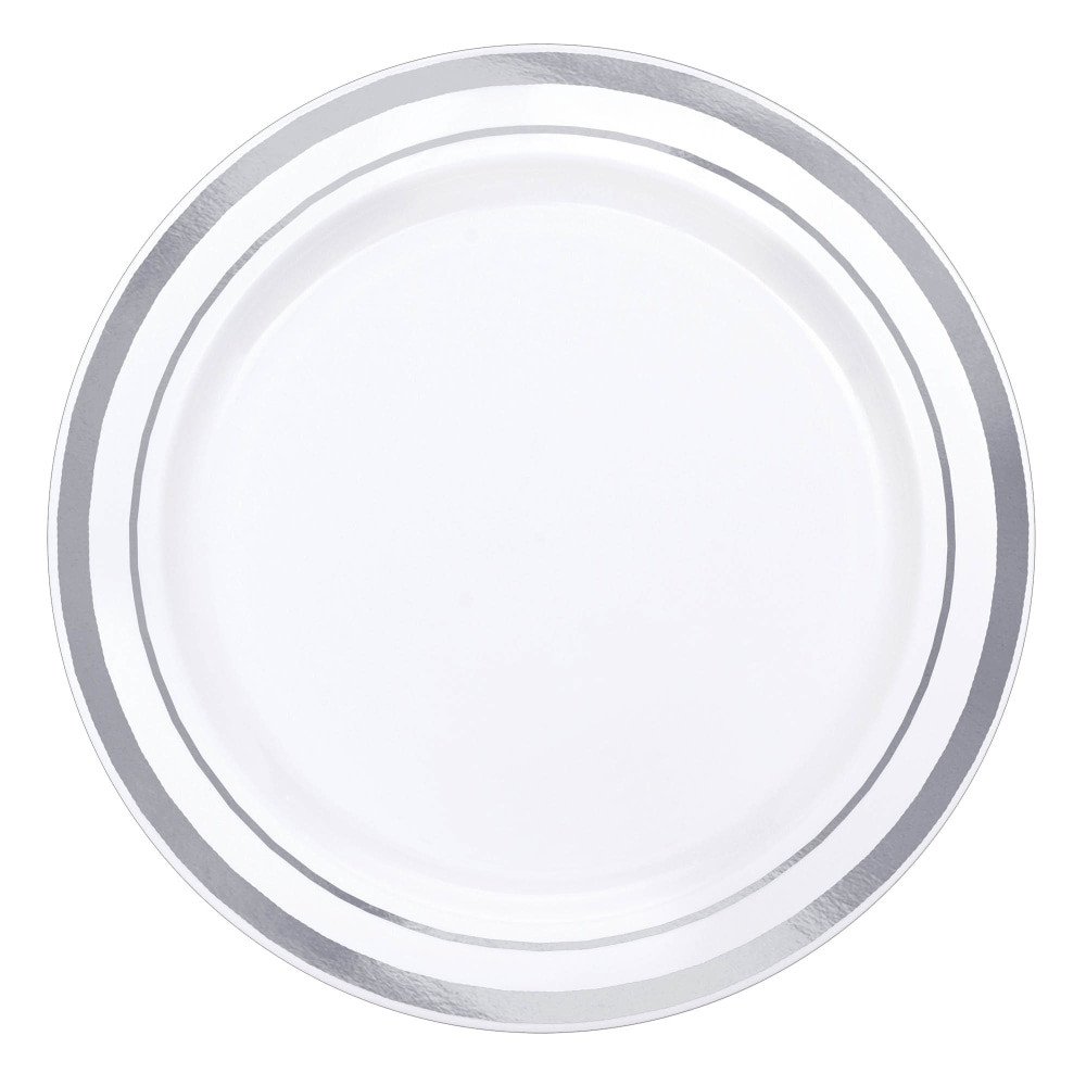 AMSCAN CO INC Amscan 438995  Trimmed Premium Plastic Plates, 6-1/4in, White/Silver, Pack Of 40 Plates