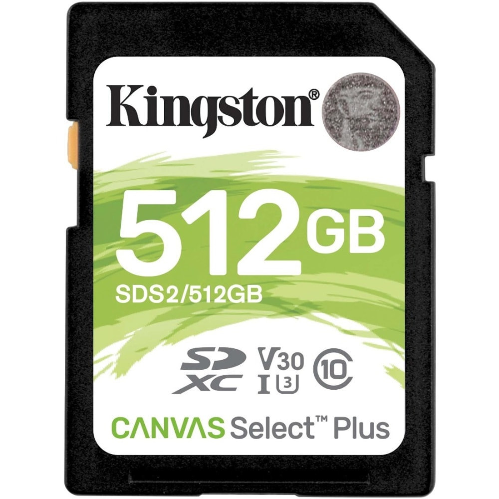 KINGSTON TECHNOLOGY CORPORATION SDS2/512GB Kingston Canvas Select Plus SDS2 512 GB Class 10/UHS-I (U3) SDXC - 1 Pack - 100 MB/s Read - 85 MB/s Write - Lifetime Warranty