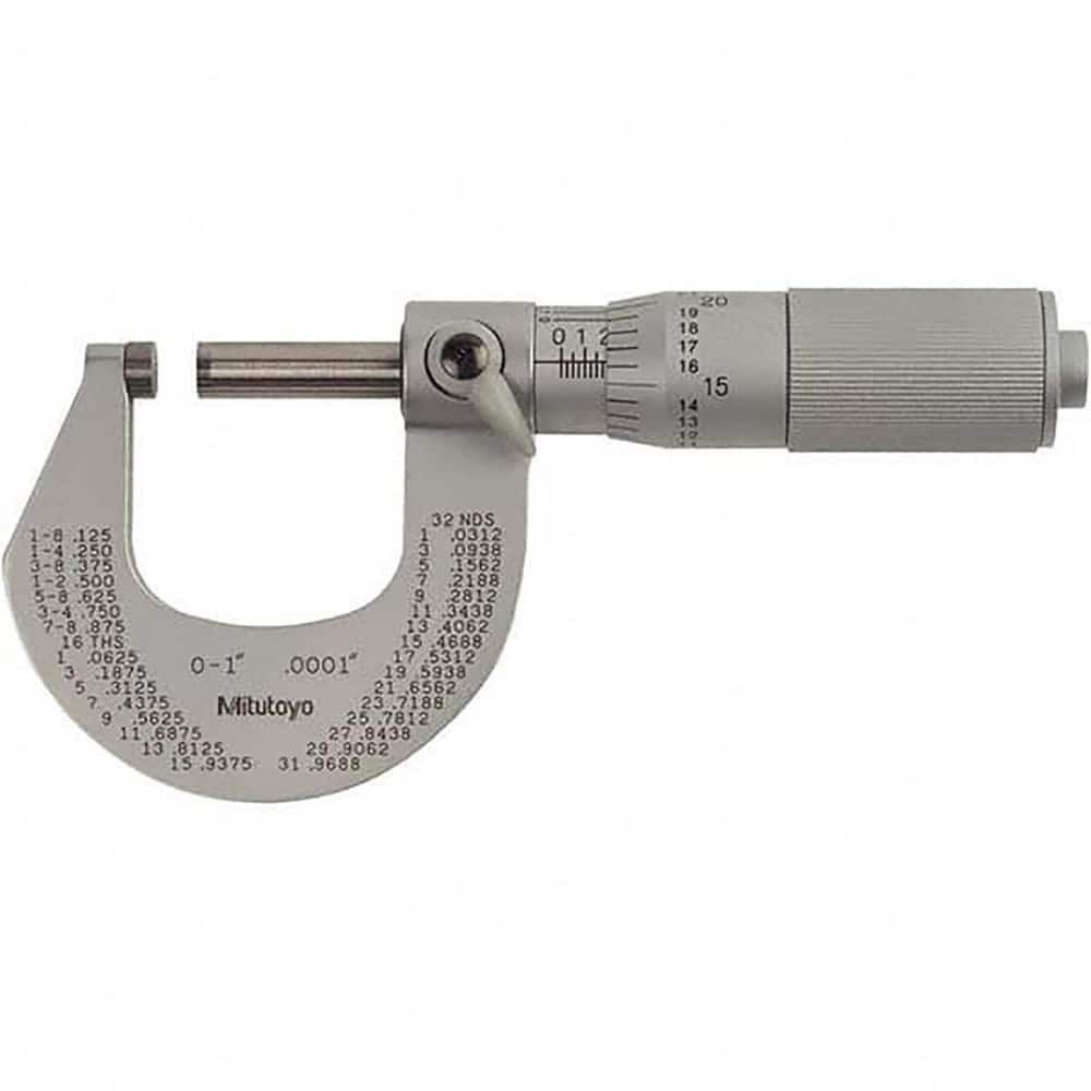 Mitutoyo 102-329-10CAL Mechanical Outside Micrometers; Graduation: 0.0001 ; Graduation (Inch): 0.000100 ; Anvil Type: Carbide ; Thimble Type: Friction ; Calibrated: Yes ; Rotating Spindle: Yes