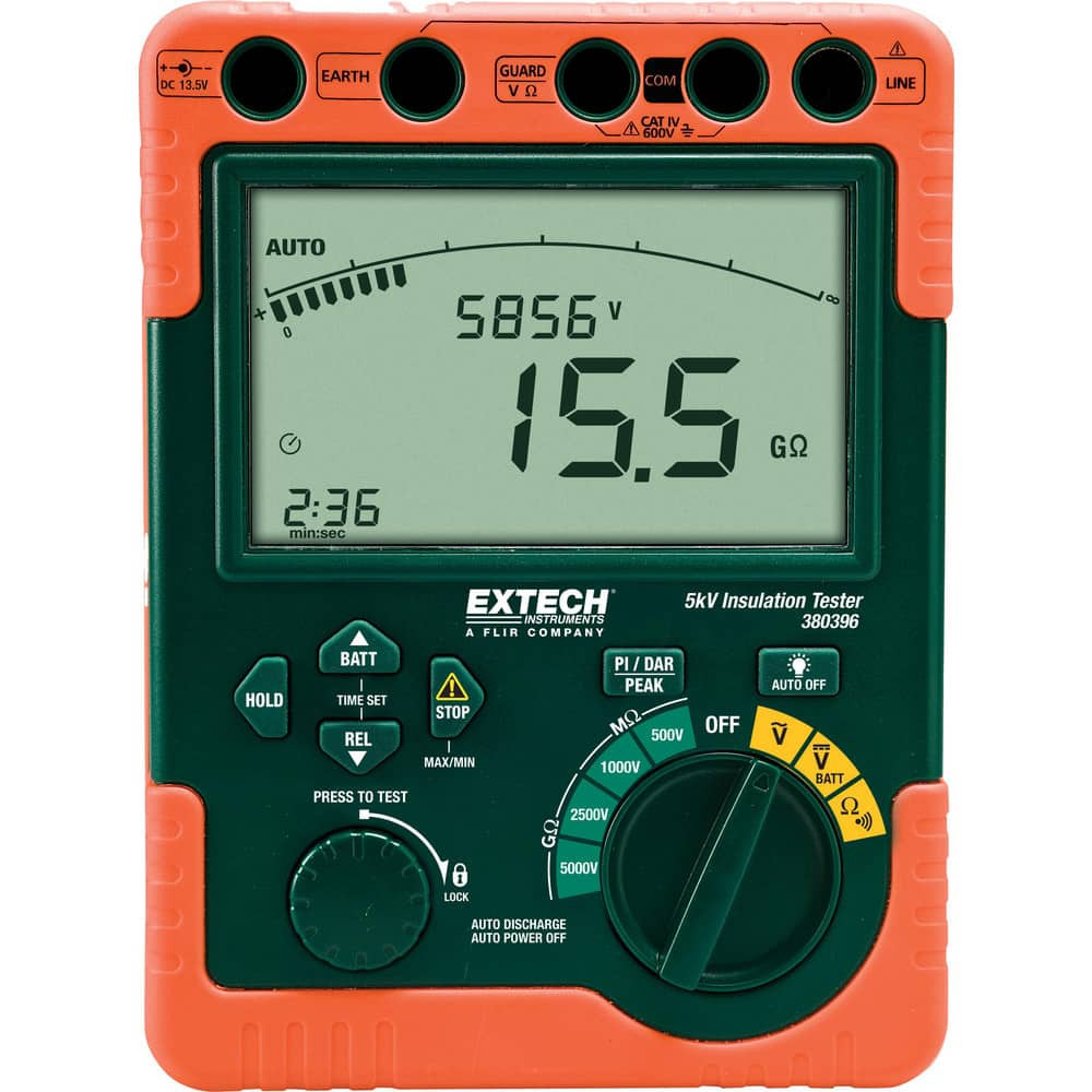 FLIR 380396-NIST Electrical Insulation Resistance Testers & Megohmmeters; Display Type: LCD ; Power Supply: C Batteries ; Resistance Capacity (Megohm): 600 ; Maximum Test Voltage: 5000V ; Overall Length: 7.80 ; Overall Height: 3.4in