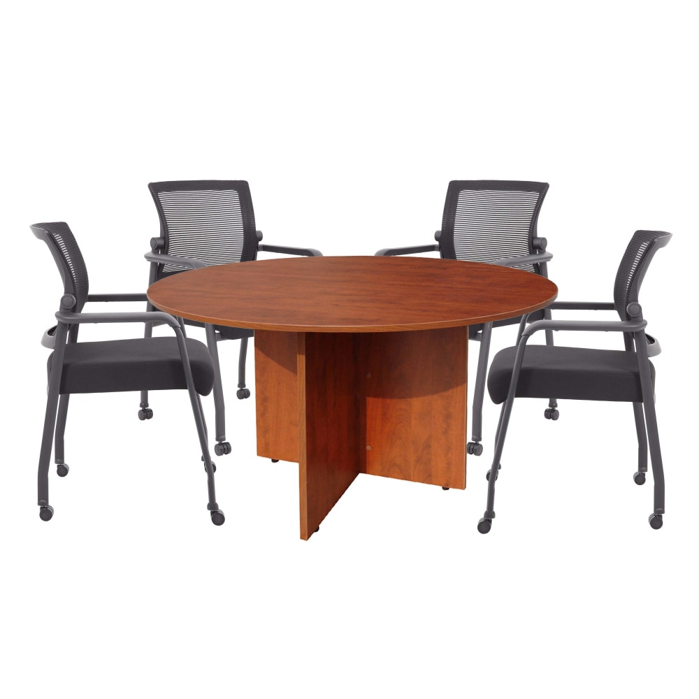 NORSTAR OFFICE PRODUCTS INC. GROUP127C-B Boss Office Products 42in Round Table And Mesh Guest Chairs With Casters Set, Cherry/Black