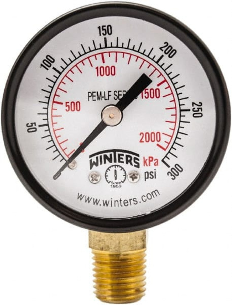 Winters PEM205LF Pressure Gauge: 2" Dial, 0 to 300 psi, 1/4" Thread, NPT, Lower Mount