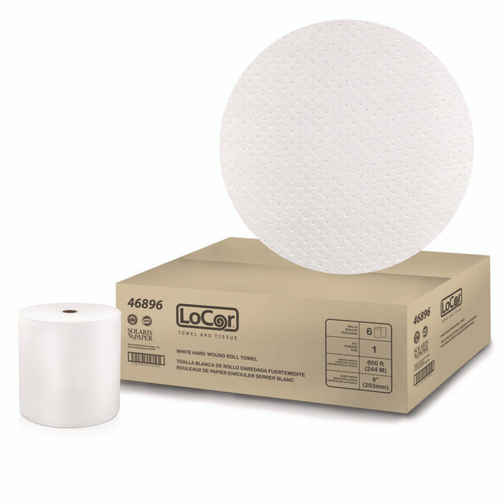 SOLARIS PAPER LoCor® 46896 Hard Wound Roll Towel, 1-Ply, 8" x 800 ft, White, 6 Rolls/Carton