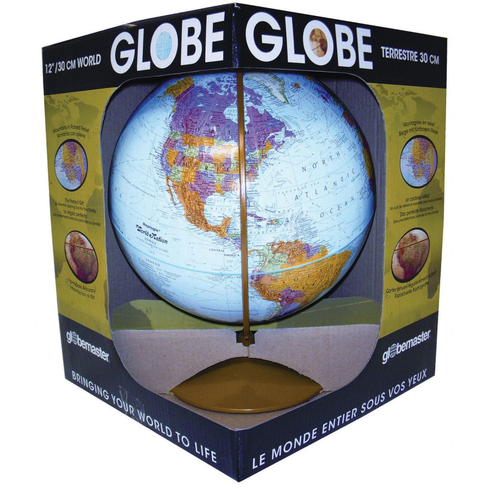 Great for learning geography, the Replogle Globes The Explorer Globe can be used at home or in the classroom. The globe offers raised relief and vivid colors to distinguish different areas.  Metal stand and meridian for durability.  Features 4,000 place names and distinctive political boundary markings.  Raised relief helps you see mountain ranges.