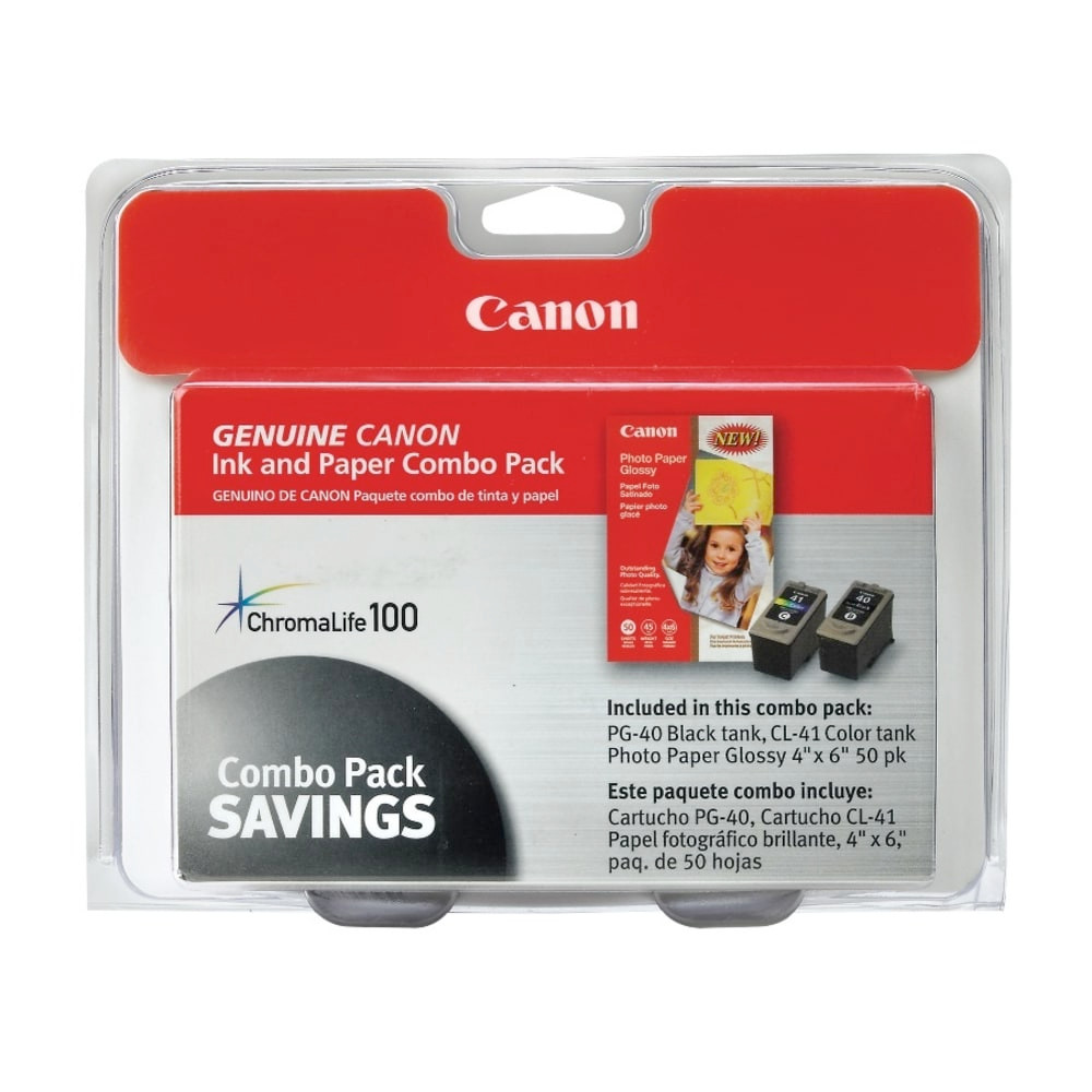 Canon genuine inks and papers are designed to work perfectly with your Canon printers to give you optimum performance, allowing you to create all you can imagine - picture the possibilities. This pack includes one PG-40 Black, CL-41 Color tanks and one Photo Paper Glossy 4x6 pack.