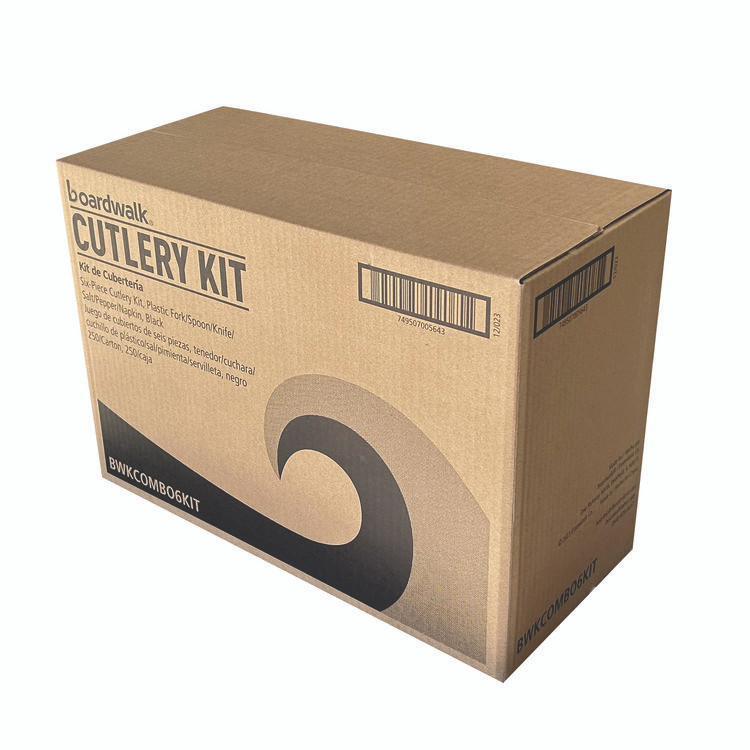 BOARDWALK COMBO6KIT Six-Piece Cutlery Kit, Mediumweight, Fork/Knife/Napkin/Pepper/Salt/Spoon, 5.86", Plastic, Black, 250/Carton