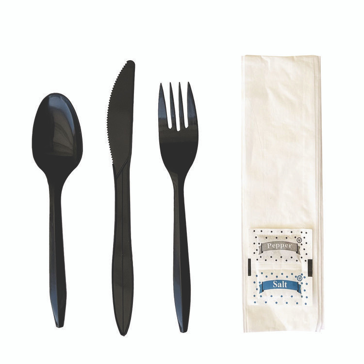 BOARDWALK COMBO6KIT Six-Piece Cutlery Kit, Mediumweight, Fork/Knife/Napkin/Pepper/Salt/Spoon, 5.86", Plastic, Black, 250/Carton
