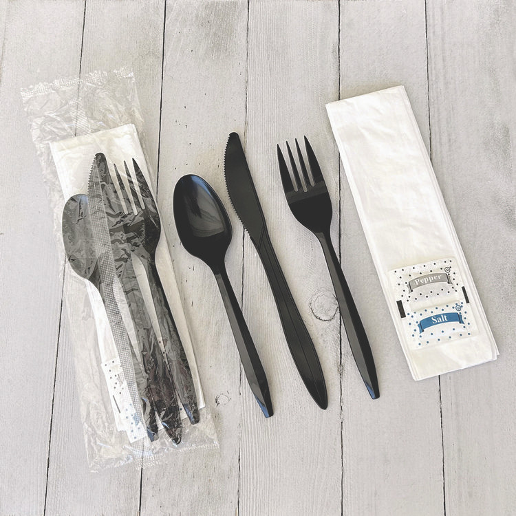 BOARDWALK COMBO6KIT Six-Piece Cutlery Kit, Mediumweight, Fork/Knife/Napkin/Pepper/Salt/Spoon, 5.86", Plastic, Black, 250/Carton