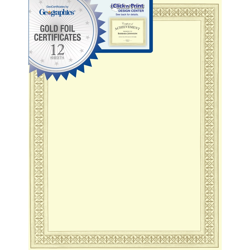 Award certificates feature an elegant foil border that is printed on 24 lb paper to let your recipients proudly showcase their acknowledgment for years to come. The perfect certificate to recognize special achievements, announcements, promotions, graduation, and more. For a professional touch, add Geographics Seals and Document Covers.  Elegant foil border printed on durable 24 lb paper  Certificates are compatible with most inkjet printers, laser printers, copiers, quick printing, and hand calligraphy, for professional-quality results  Letter-sized certificates are perfect for recognizing special achievements, awards, diplomas, promotions, announcements and more  iClicknPrint free online design center features a large collection of templates for convenient customization  Contains Recycled Content - See Specs for Details.