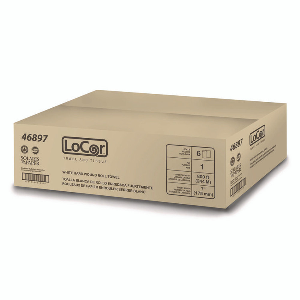 SOLARIS PAPER LoCor® 46897 Hard Wound Roll Towel, 1-Ply, 7" x 800 ft, White, 6 Rolls/Carton