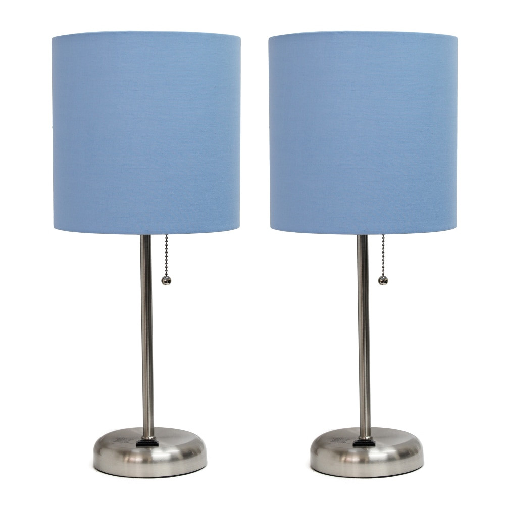 ALL THE RAGES INC LimeLights LC2001-BLU-2PK  Brushed Steel Stick Lamp with Charging Outlet and Blue Fabric Shade 2 Pack Set