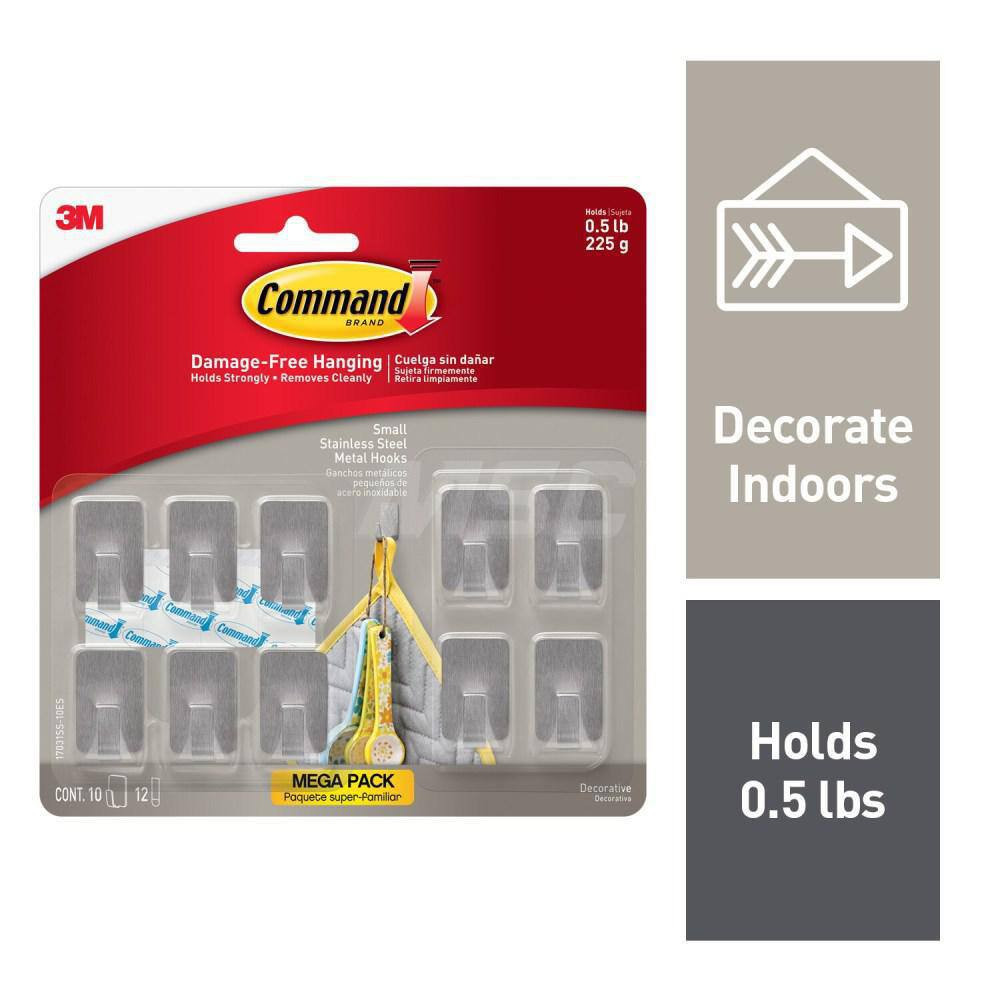 3M Storage Hook: Adhesive Back Mount, 1.2" Projection, 0.5 lb Load Capacity, Metal 7100242068