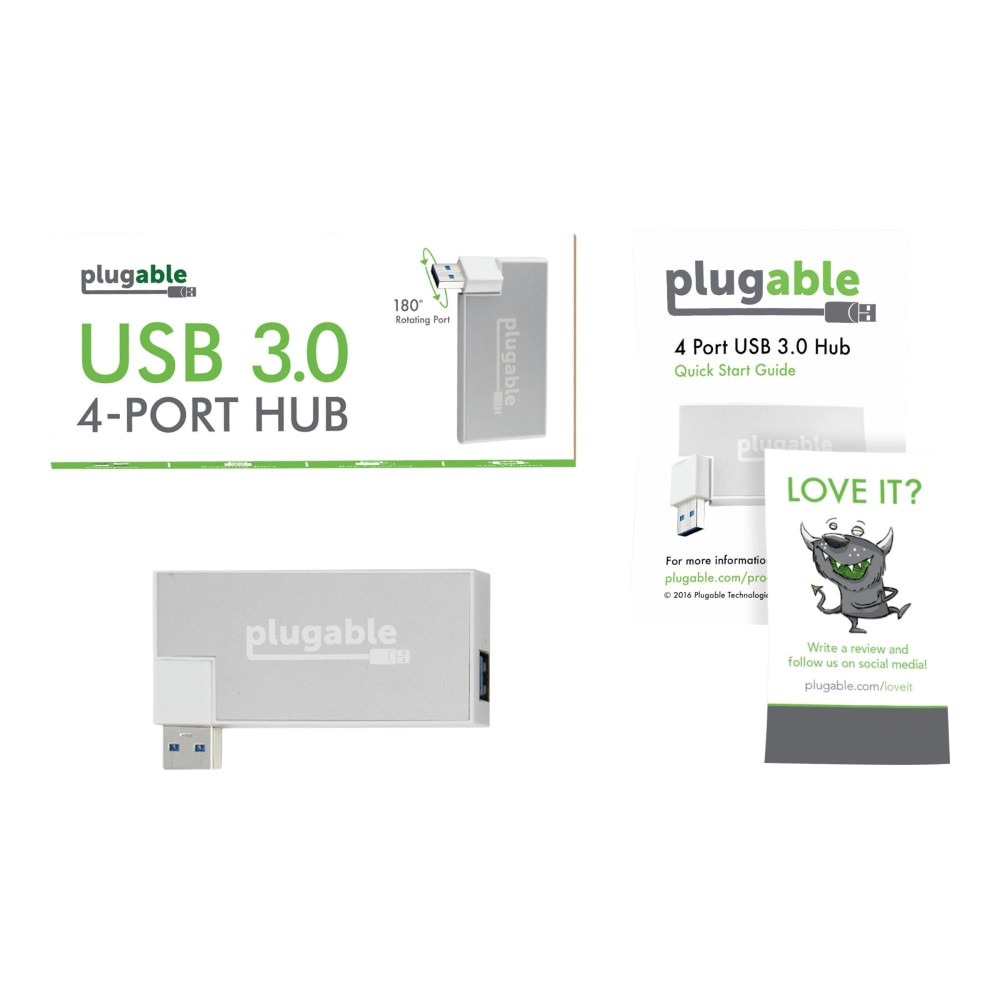 PLUGABLE TECHNOLOGIES USB3-HUB4R Plugable USB Hub, Rotating 4 Port USB 3.0 Hub, Powered USB Hub - (Compatible with Windows, macOS & Linux, USB 2.0 Backwards Compatible)