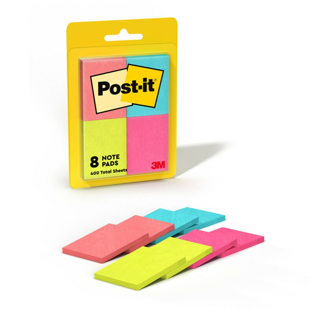 These sticky notes feature a unique adhesive designed for use on paper or in planners. Post-it Notes stick securely yet remove cleanly without damage. Keep your ideas across your notebooks, classroom books, calendars or other documents. No tape or tacks are needed with adhesive notes, saving you money and time on office products or school supplies. Ideal for writing notes or reminders to yourself or others, Post-it Notes are the perfect solution for time tracking, to-do lists, marking cables, color-coding documents, reminding kids to do chores, storyboarding and more.  STICKY NOTES: Post-it Notes are versatile, perfect for calendars, planning, quick reminders, daily planners, visual aids, labeling, marking dates, bookmarks, and more  IDEAL FOR: Post-it Notes are the perfect solution for reminders, time tracking, to-do lists, marking cables, color-coding documents, reminding kids to do chores, storyboarding and more  NO SURFACE DAMAGE: Post-it Notes stick securely and remove cleanly; no tape or tacks are needed, and the adhesive backing of these reusable sticky notes allows for easy repositioning  VARIOUS SIZES AND SHAPES: Available in different sizes, with or without lines, to cater to your specific needs  EYE-CATCHING COLORS: Vibrant and colorful reminders are more likely to grab attention and be noticed  EXPLORE OUR COLLECTIONS: With 11 color collections, the Post-it Brand offers a wide range of options to suit every style and preference, whether at home, in school, or at the office  ORIGINAL CREATOR: The one and only Post-it Note was originally created by Post-it Brand  AMERICAs #1 FAVORITE STICKY NOTE: You are more likely to achieve your goals when you write them down  GET ORGANIZED: Each pack includes 8 pads of 1 3/8 in. x 1 7/8 in. notes, with 50 sheets per pad, great for your office, work area, or classroom  INTRODUCING THE POPTIMISTIC COLLECTION: Give your messages pop and optimism with the bright colors of Aqua Splash, Power Pink, Guava, and Acid Lime  ORIGINAL CREATOR: Made in the USA with globally sourced materials, the one and only Post-it Note was originally created by Post-it Brand  RECYCLABLE: All Post-it Notes are sourced from certified, renewable and responsibly managed forests; also, Post-it Notes are recyclable