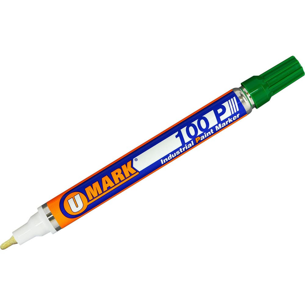 U-Mark 10203FL Markers & Paintsticks; Marker Type: Liquid Paint Marker; Tip Shape: Bullet; Color: Green; Ink Type: Oil Base; Tip Type: Fine Line; For Use On: Dry or Damp Wood; Tape; Glass; Rusty and Oily Metal; Wax Cartons; Ceramic; Tile; Plastic; Co